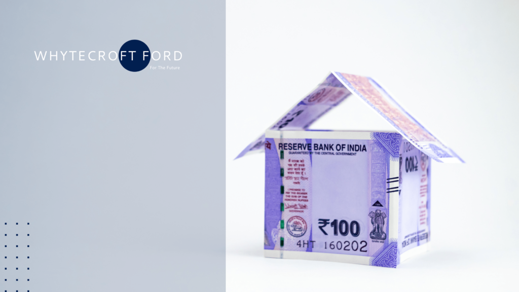 An illustrative image of Indian property made of Indian paper rupees on a white background.