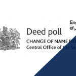 Top page of a UK enrolled deed poll document with crest on the top left and a navy blue triangle on the bottom right