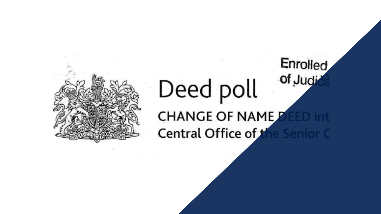 Top page of a UK enrolled deed poll document with crest on the top left and a navy blue triangle on the bottom right